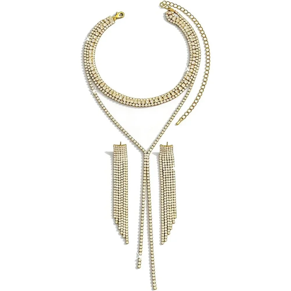 Prom Bridal Rhinestone Jewelry Set Sparkly Crystal Y-Shaped Necklace Long Chande